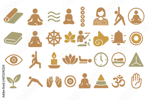 Yoga and meditation icon set with warm orange gradient background, featuring yoga poses, meditation, lotus flowers, candles, chakras, spiritual symbols