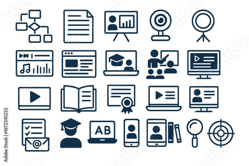 Various educational and digital learning icons depicting online resources, classes, and multimedia presentations