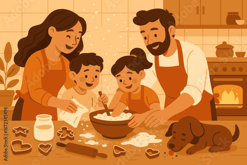 Family enjoys baking together in cozy kitchen during festive season while dog observes nearby