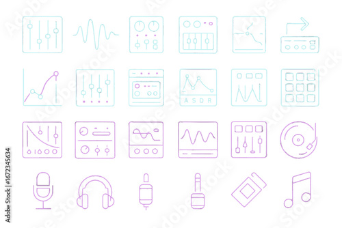 Neon Gradient Music Production Icons Set Featuring Synths, Equalizers, Waveforms, Mixers, Microphone, and DJ Equipment