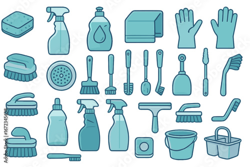 Cleaning supplies and tools arranged in a tidy layout for effective household chores