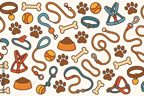 Colorful pattern featuring dog accessories like collars, leashes, and toys on a light background for pet lovers