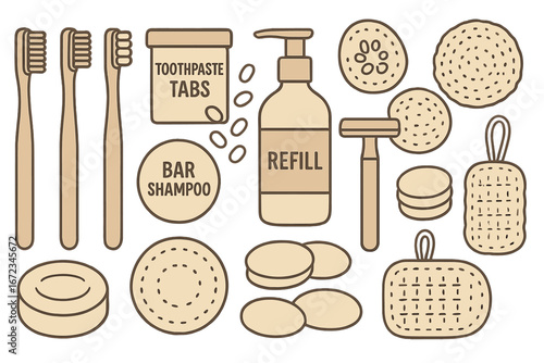 Eco-friendly personal care items arranged on a flat surface in a minimalist style showcasing sustainable choices for daily routines