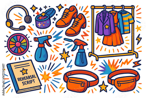 Colorful theater backstage illustration with headset, makeup, tap shoes, costumes, rehearsal script, spray bottles, fanny packs, and stage props on vibrant background