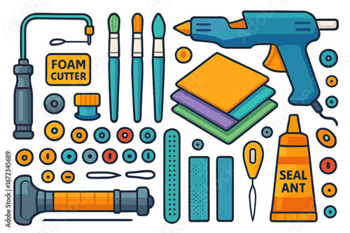 Colorful Crafting and DIY Tool Icon Set – Foam Cutter, Paint Brushes, Glue Gun, Sealant, Fabric, Beads, and Sewing Tools on Gradient Background