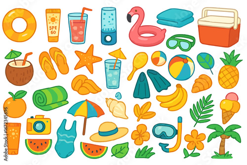 Colorful summer beach collection featuring drinks, floaties, and tropical items for a fun day in the sun