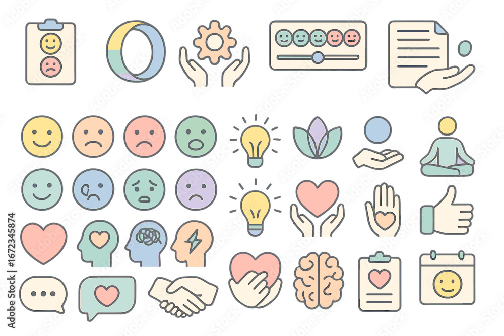 Fototapeta premium Collection of colorful icons representing emotions, mental health, and self-care activities in a modern digital design