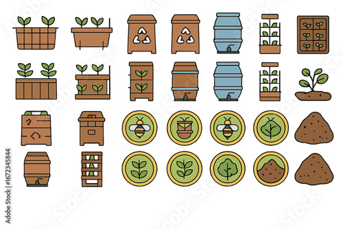 Gardening tools and elements for sustainable planting and composting in an eco-friendly backyard setup