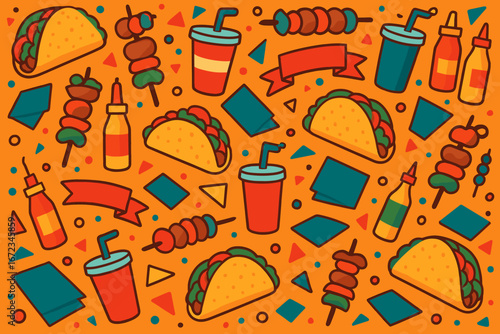 Seamless pattern of street food items including tacos, skewers, soda cups, sauce bottles, and decorative banners on vibrant orange background