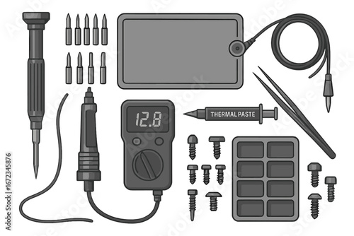 Electronic Repair Toolkit Flat Lay with Multimeter, Screwdriver, Soldering Iron, Tweezers, and Thermal Paste