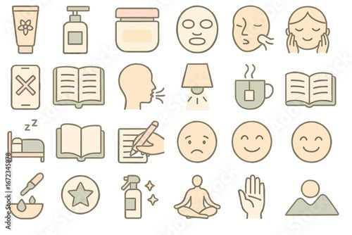 Exploring self-care routines through various symbols and activities for relaxation and well-being