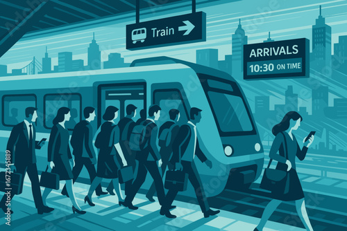 Morning commuters arriving at a train station in a bustling city