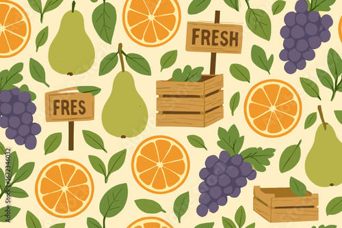 Seamless Fresh Fruit Pattern with Pears, Grapes, Oranges, Crates and Leaves on Light Background