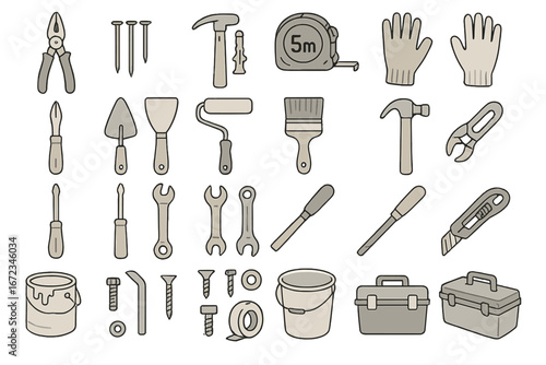 Hand Tools and DIY Equipment Icon Set with Gradient Background – Construction, Carpentry, Gardening, and Repair Symbols for Home Improvement and Workshop Projects