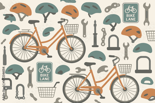 Seamless pattern with bicycles, helmets, bike lane signs, tools, locks, and baskets in muted earthy colors