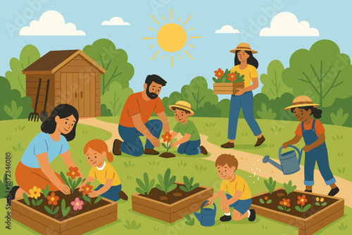 Colorful illustration of families and children gardening together in a sunny community garden, planting flowers, watering plants, and enjoying outdoor teamwork.