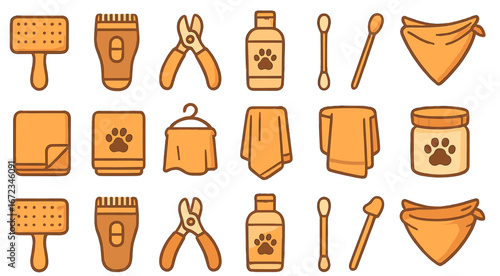 Tools and supplies for pet grooming displayed in an organized layout