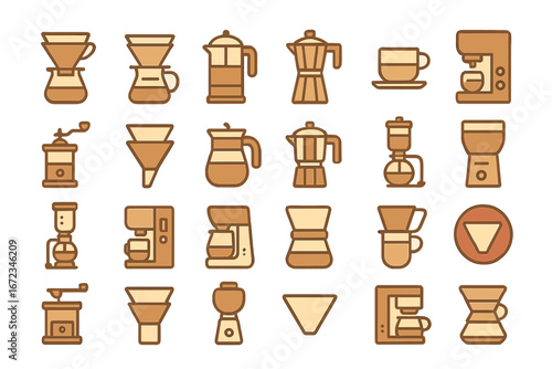 Brown gradient coffee brewing icons set including espresso machines, moka pots, pour-over drippers, coffee grinders, French press, siphon brewers, cups, coffee makers, and filters