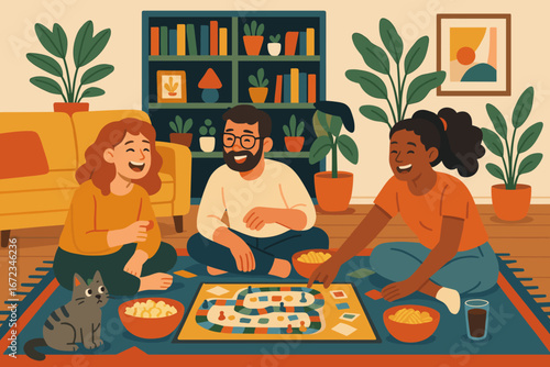 Friends enjoying a game night indoors with snacks and a cat in a cozy living room