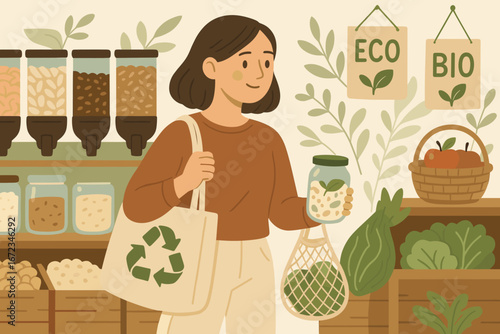 Woman shopping for organic produce with reusable bag in eco-friendly market displaying fresh vegetables and grains