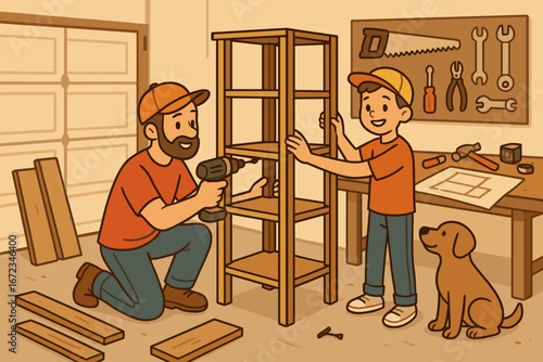 Father and son build a wooden shelf together in a garage during a sunny afternoon