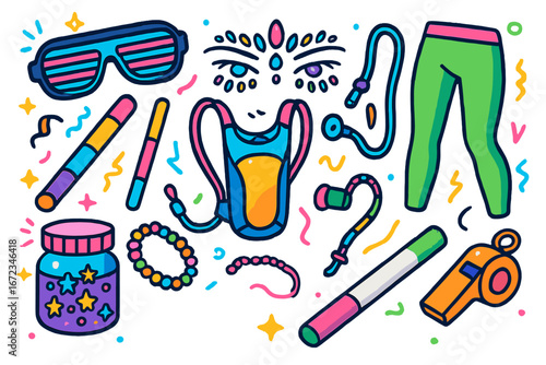 Colorful Rave and Festival Accessories Icon Set – Glow Sticks, Sunglasses, Hydration Pack, LED Jewelry, Leggings, Whistle, and Face Gems on Neon Gradient Background