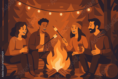 Friends enjoy a cozy bonfire while roasting marshmallows in a forest at night