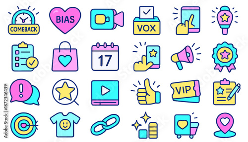 Colorful vector icons set for social media, marketing, and communication concepts, including symbols for comeback, bias, video, voting