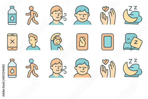 Healthy lifestyle and wellness icons with hydration, walking, breathing exercises, meditation, self-care, quality sleep, digital detox, stretching, and mindfulness practices in pastel colors