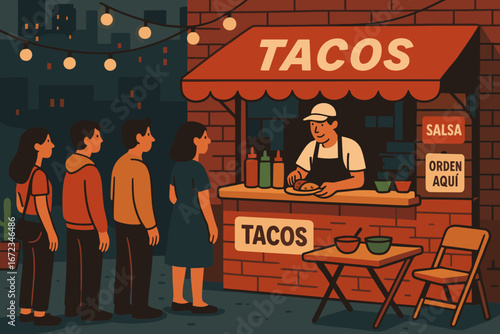 Popular taco stand attracts evening crowd near urban setting with delicious food options available