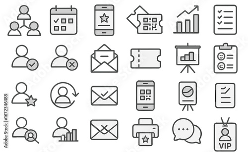 Monochrome set of event management icons including attendees, event calendar, mobile ticketing, QR code tickets, analytics charts, checklists