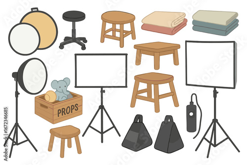 Props and Equipment arranged in a studio for creative projects showing various items used in photography and film production