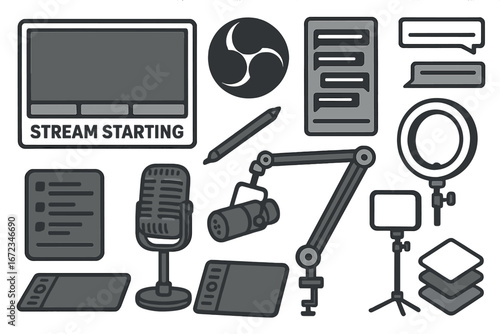 Various streaming equipment and elements for content creation setup in a modern workspace