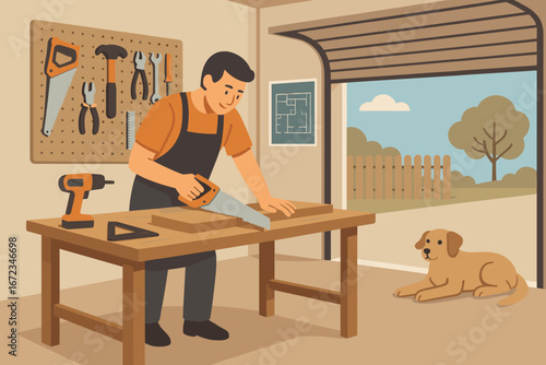 Illustration of man woodworking in home garage workshop with hand saw and tools while a dog relaxes nearby on a sunny day