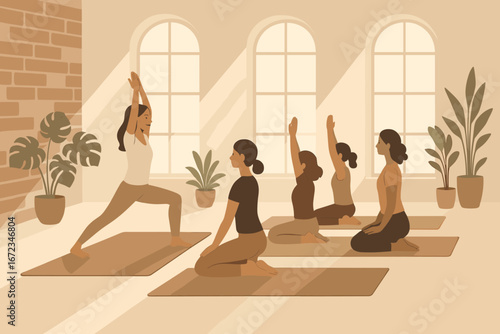 Peaceful yoga studio illustration with an instructor demonstrating a warrior pose in front of four seated students raising their arms