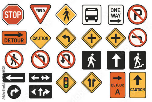 Traffic signs collection showcasing various road regulations, pedestrian directions, and cautionary markers in urban setting