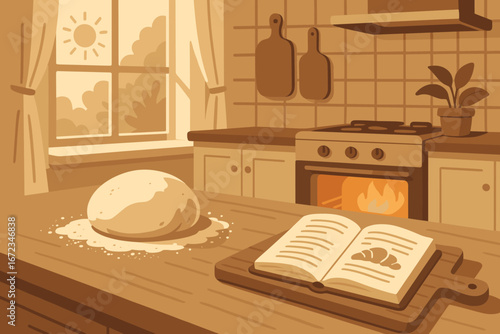 Cozy Kitchen with Bread Dough and Recipe Book