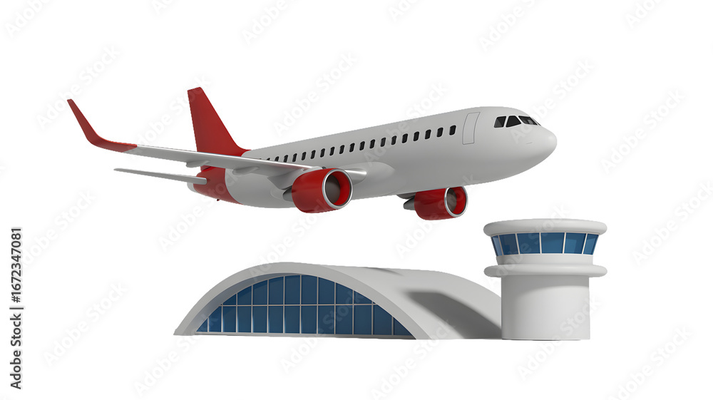 Fototapeta premium Airplane flying over airport terminal with control tower in a rendered image on a black background