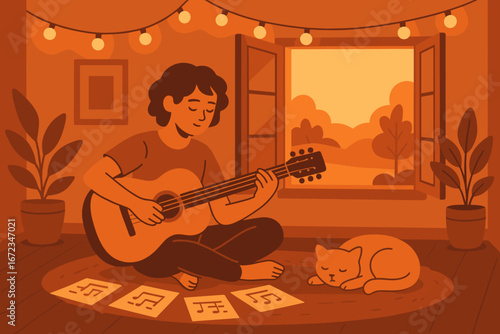 Relaxing evening of music and companionship with a cat in a cozy room