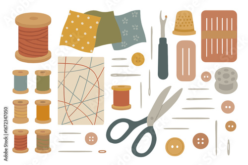 Colorful sewing supplies arranged on a light background showcasing creativity and craftsmanship in textile art