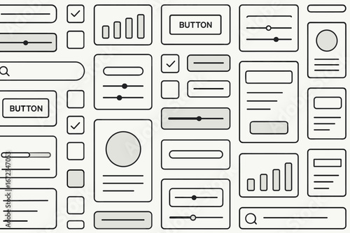 User interface elements displayed in various arrangements showcasing different design components and interactive features