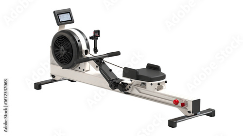Modern, light gray indoor rowing machine with a digital display