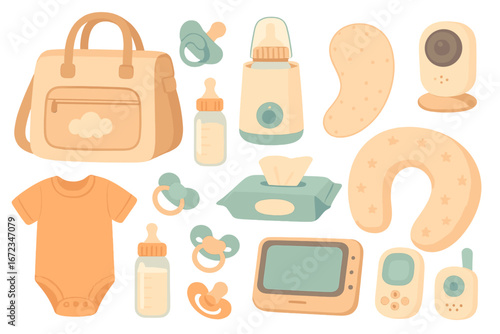 Baby care essentials and accessories displayed on a white background showcasing items for newborns and infants