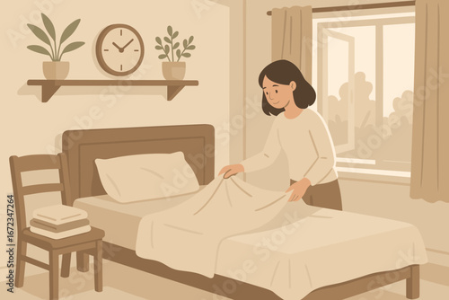 Cozy bedroom scene with woman making bed, stack of folded towels, potted plants on shelf, wall clock, open window with curtains, and soft natural lighting