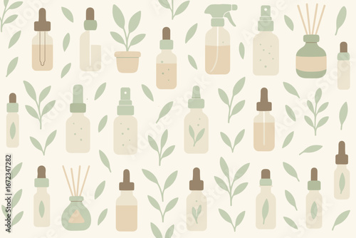 Seamless pattern with natural cosmetic bottles, dropper bottles, spray bottles, reed diffusers, and green leaves in soft pastel colors