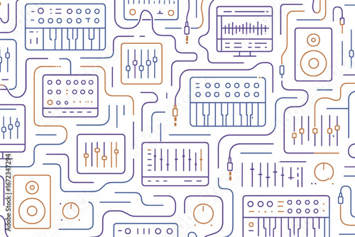 Creative design featuring musical instruments and audio equipment with flowing lines in various colors
