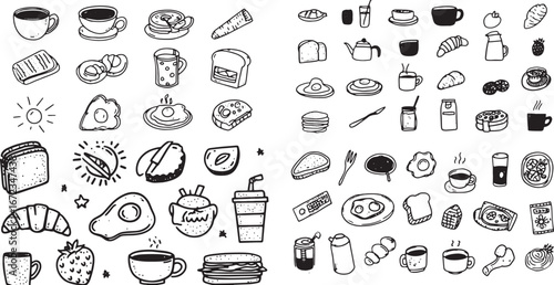 Collection of breakfast icons, black line art on a white background, simple shapes, doodle style, clipart.eps