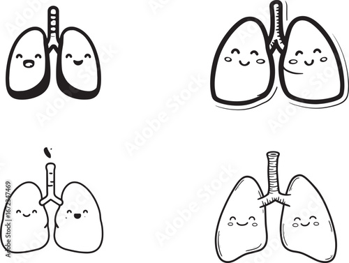 Cute cartoon lungs with happy faces, vector illustration in a simple, flat style on a white background. Cartoon characters representing human lungs and the concept of lung health.eps