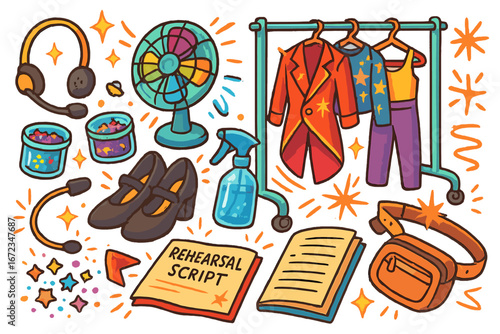 Colorful theatre rehearsal essentials flat lay with headset microphones, glitter makeup, black character shoes, costume rack with vibrant outfits, rainbow fan, spray bottle, rehearsal scripts