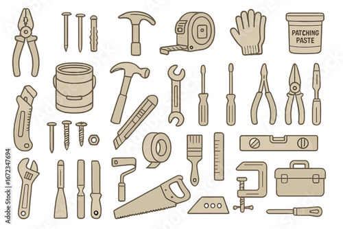 Construction and DIY Hand Tool Icon Set on Brown Gradient Background – Carpentry, Repair, and Home Improvement Equipment Illustrations for Workshop and Maintenance Projects